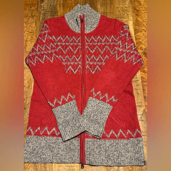 XS Eddie Bauer Red w/ Design Full Double Zipper Mock Neck Sweater w/ Pockets - Picture 4 of 14